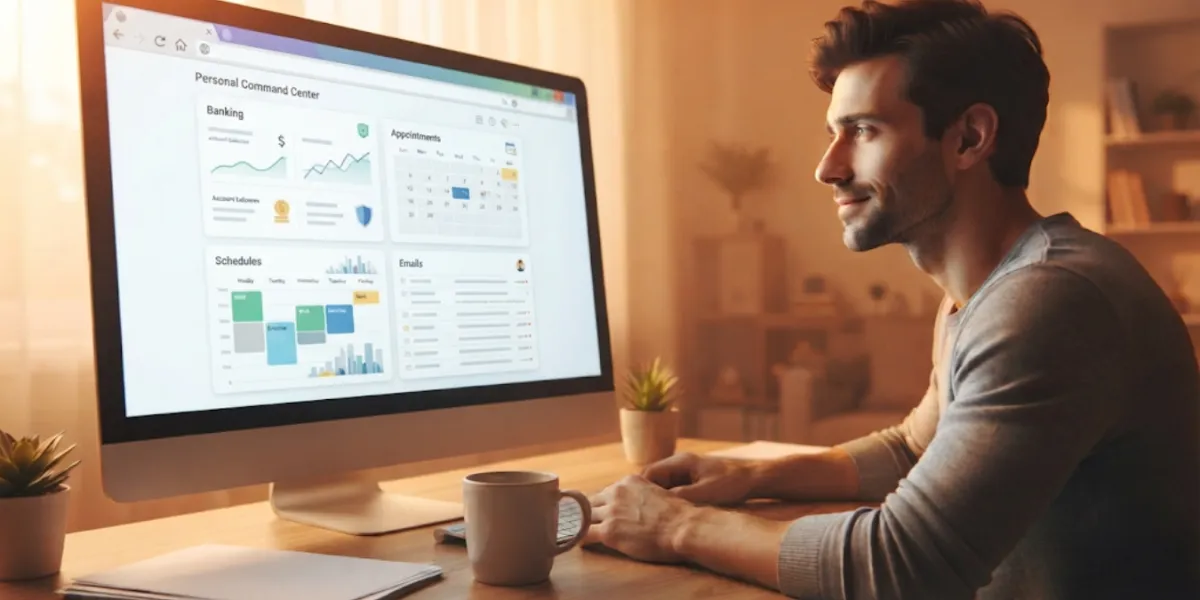A relaxed man drinks coffee at a tidy desk while his browser shows a calm, organized 'Personal Command Center' dashboard with banking, appointments, schedule, and email panels
